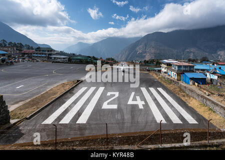 Departing flight at Lukla airport, Nepal Stock Photo