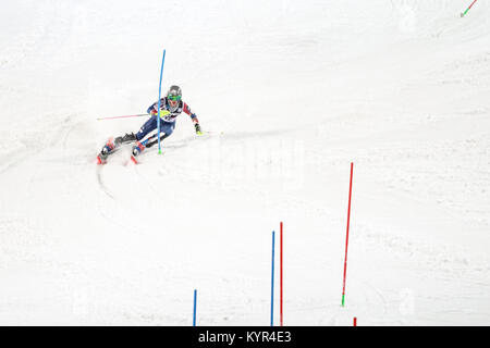 ZAGREB, CROATIA - JANUARY 3, 2018 : Stiegler Resi of Usa competes during the Audi FIS Alpine Ski World Cup Women's Slalom, Snow Queen Trophy 2018 in Z Stock Photo