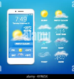 Weather Forecast App Vector. Realistic Smartphone Screen. Weather App With Icons. Design Element Illustration Stock Vector