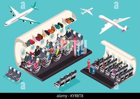 A vector illustration of Isometric View of the Interior of an Airplane Stock Vector