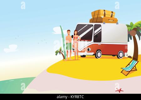 A vector illustration of Couple Going on Surfing Summer Vacation Stock Vector