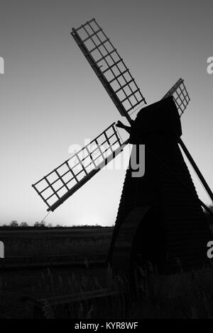 WIndmill in Wicken Fen Nature Reserve Black and white, B&W, National Trust Stock Photo