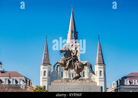 The landmark St. Louis Cathedral and General Andrew Jackson Statue in New Orleans Louisiana USA on a sunny day. Stock Photo