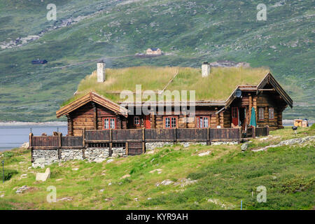 Norwegian  Wooden Houses built in traditional technique used in Viking and Medieval times with grass on the roofs in Sogn og Fjordane County in Norway Stock Photo