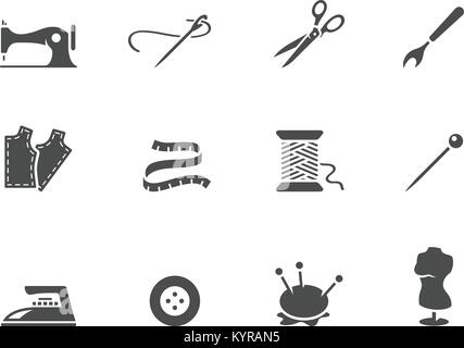 Sewing icons in black and white. Vector illustration. Stock Vector