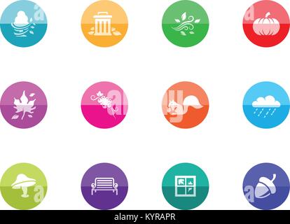 Autumn icons in color circles. Vector illustration. Stock Vector
