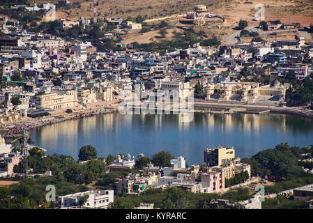 Holy city Pushkar aerial view from Savitri temple. Rajasthan, India Stock Photo