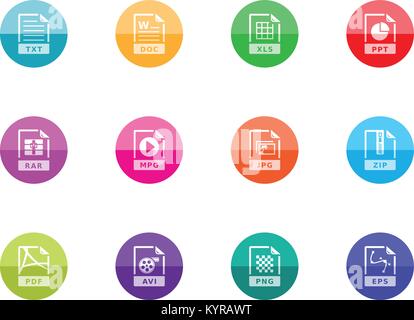 File format icon series in color circles. Vector illustration. Stock Vector