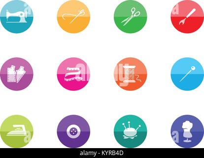 Sewing icons in color circles. Vector illustration. Stock Vector