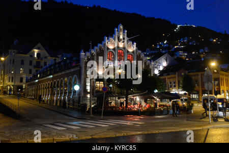 Bryggen street by night - Bergen, Norway Stock Photo