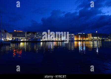Bergen harbor by night, Norway Stock Photo