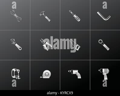 Hand tools icon series in metallic style. Stock Vector