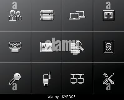 Computer network icon series in metallic style. Stock Vector