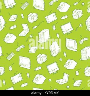 Seamless pattern of hand drawn computer related objects. Stock Vector