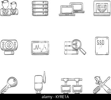 Computer network icon series in sketch. Stock Vector