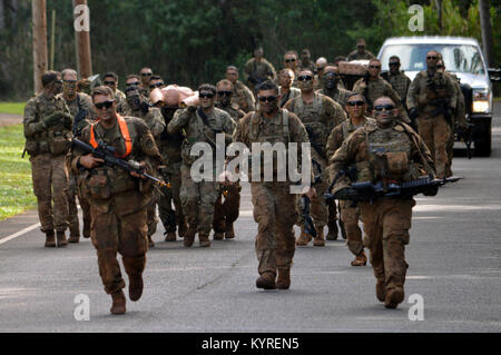 Soldiers assigned to the 3rd Brigade Combat Team, “Broncos,” 25th Infantry Division, carry weighted litters on their march from East Range back to F Quad, Schofield Barracks, during Mungadai. The purpose of Mungadai is to create, trained, and ready professionals, prepared with operational and foundational knowledge, to take disciplined initiative while implementing and executing their commander’s intent. (U.S. Army Stock Photo