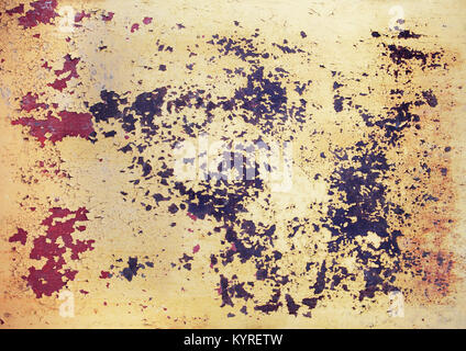 Rust on yellow painted metal surface. Through the peeling and cracked paint show through the layers of previous paint layers, and the iron surface. Stock Photo