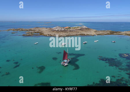 Aerial view over the Minquiers, a group of islands and rocks in the English Channel, Jersey. Cruise on board the old sailing ship 'Le courrier des ile Stock Photo