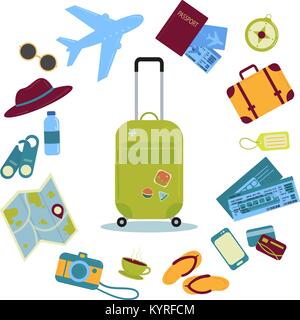 Set of travel icons and images. Suitcase, tickets, etc Stock Vector