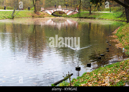 Small decorative bridge (pedestrian) across the basin in a city Park Tsaritsyno, Moscow city. Stock Photo