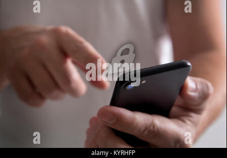 Safe Download Preview Cyber security concept man hand protection network Stock Photo