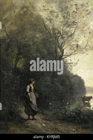 Camille Corot - Peasant Girl Grazing a Cow at the a Forest Stock Photo