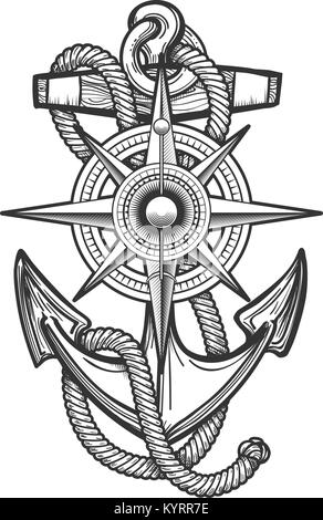 Anchor with ropes and Nautical vintage compass drawn in engraving style. Vector illustration. Stock Vector