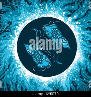 Carp Fishes in Water. Zodiac symbol of Pisces on water background. Vector illustration. Stock Vector