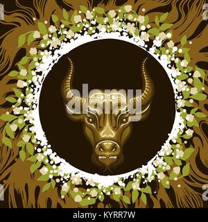 Bull head in Frame of leaves and roots. Zodiac symbol of Taurus on earth background. Vector illustration. Stock Vector