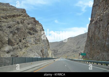 view through the virgin river gorge arizona from moving car USA Stock Photo