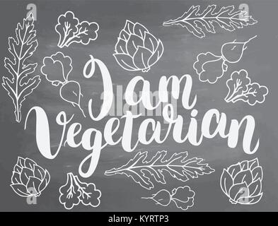 I am vegetarian lettering. Set of vector handwritten elements. Food farm natural product. Ink brush handlettering. Hand drawn fruits and vegetables on Stock Vector