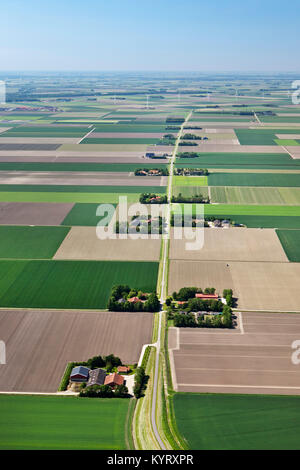 The Netherlands, Nagele, Noordoostpolder, Farms and farmland in Flevopolder. Aerial. Stock Photo