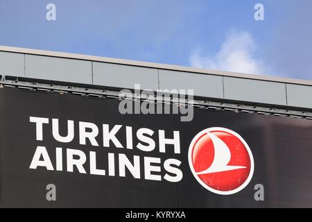 Billund, Denmark - December 29 2017: Turkish airlines logo on a wall. Turkish airlines is the national flag carrier airline of Turkey Stock Photo