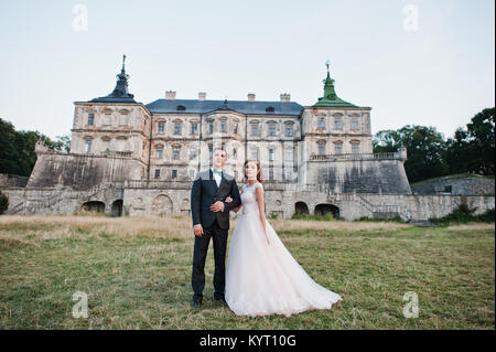 Fabulous wedding couple posing in front of an old medieval castle in the countryside on a sunny day. Stock Photo