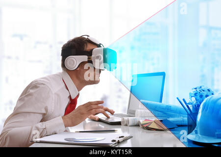 Concept and representation of businessman watching 3d content with virtual reality glasses interested in the office. Horizontal composition. Stock Photo