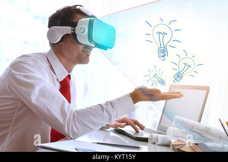 Concept of businessman with business idea with virtual reality glasses in the office. Horizontal composition. Stock Photo