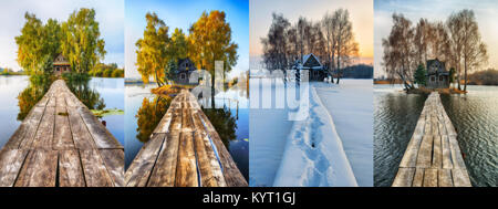 four seasons. hut on a small island. river Stock Photo