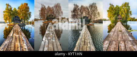 four seasons. hut on a small island. river Stock Photo