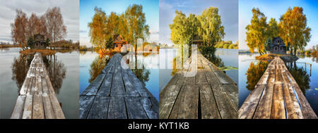 four seasons. hut on a small island. river Stock Photo