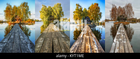 four seasons. hut on a small island. river Stock Photo