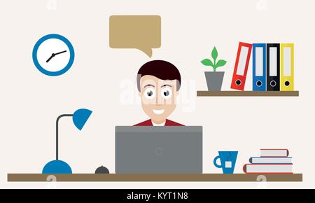 Man with laptop, working in office behind table with lamp and books - vector flat illustration Stock Vector