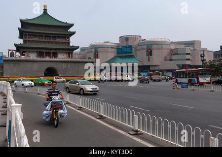 Xian, China - August 5, 2012: View of the Bell Tower and traffic in the city of Xian in China Stock Photo