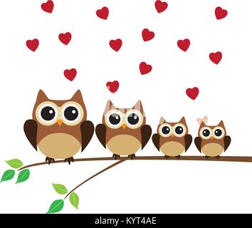 vector illustration of owl family in the tree with red hearts. Stock Vector
