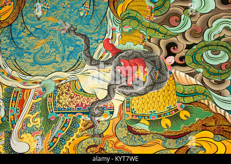 Detail of the mandala mural paintings deitiesinside the Khinmey Nyingma Monastery Stock Photo