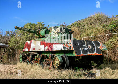 Old rusted US army tank, painted with graffiti on Culebra Island, Puerto Rico. Stock Photo