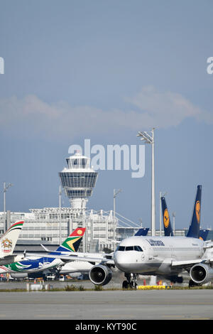 Lufthansa, Airbus, A320-200, aircraft, airplane, plane, airlines, airways, roll, in, out,  Munich Airport, Stock Photo