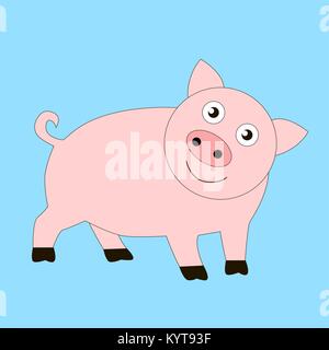 Funny good cartoon pig isolated blue background. Stock Vector