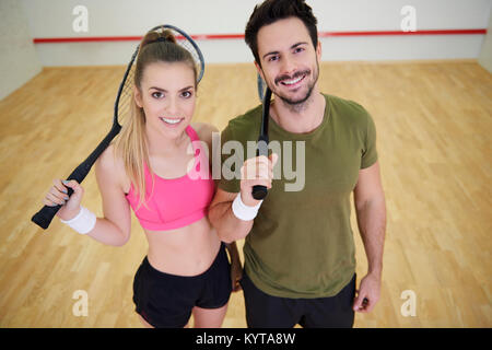 Portrait of squash players with rocket Stock Photo