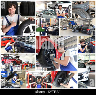 collage with motives in a car repair shop - car repair, change tyres, motor diagnosis Stock Photo