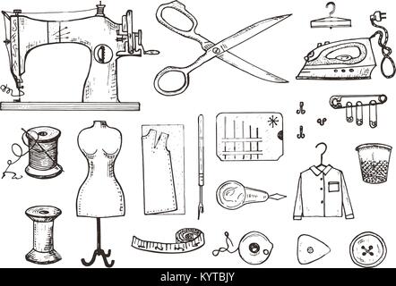 Tape measure. Sewing tool and element for needlework. Handmade equipment.  Tailor shop badges label. Engraved hand drawn realistic in old vintage  sketch. Stock Vector by ©ArthurBalitskiy 251463132